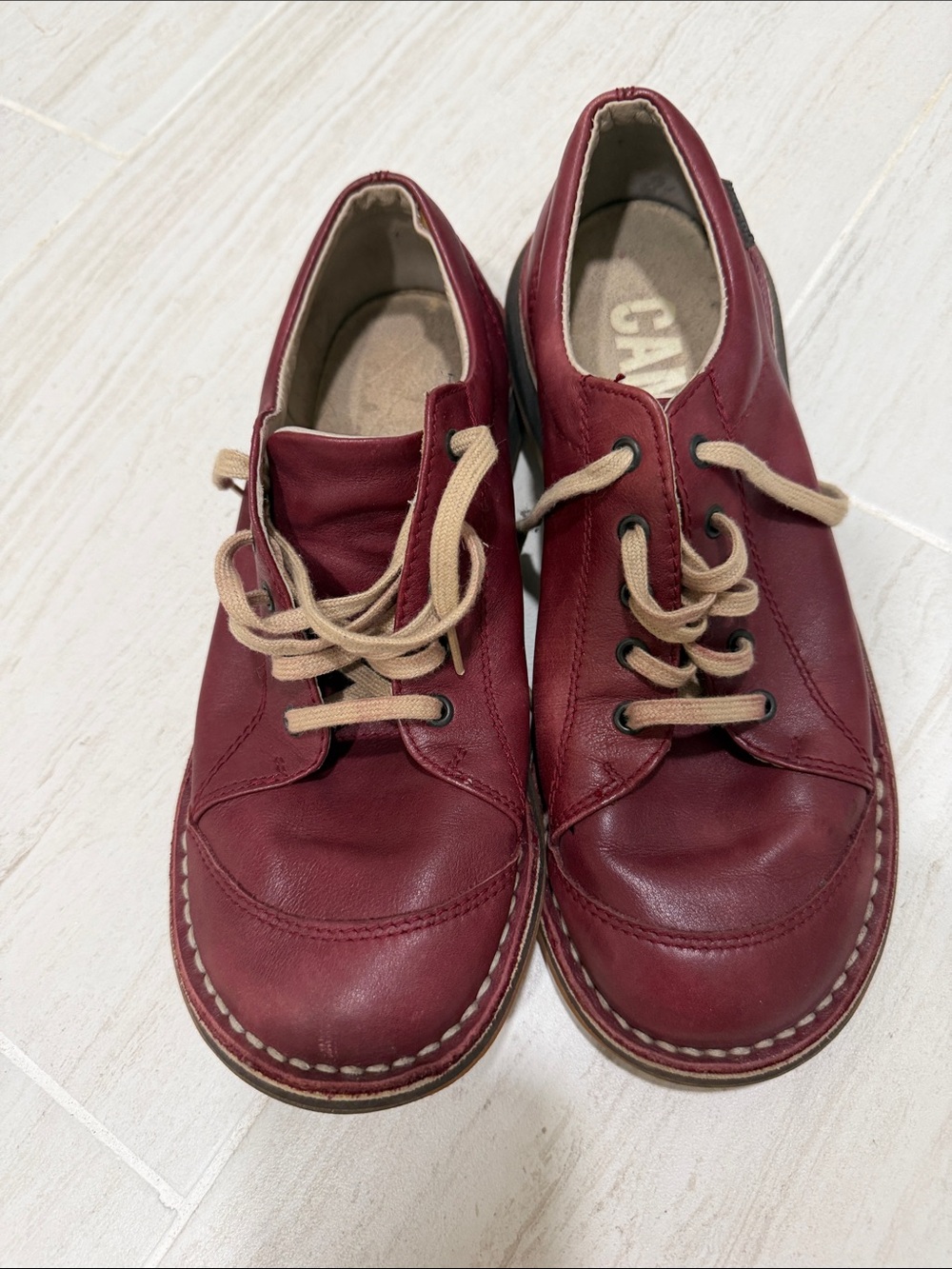Camper Men's Burgundy Leather Lace-Up Derbys with Beige Laces